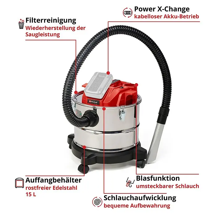 Einhell Power X-Change 18V Akku-Aschesauger TE-AV 18/15 LI-C Solo - 18 V, Li-Ionen, Ohne Akku - Produktbild eines Einhell Akku-Nass-Trockensaugers mit Edelstahlbehälter, ideal für Haus, Werkstatt und Garage, mit umfangreichem Zubehör.