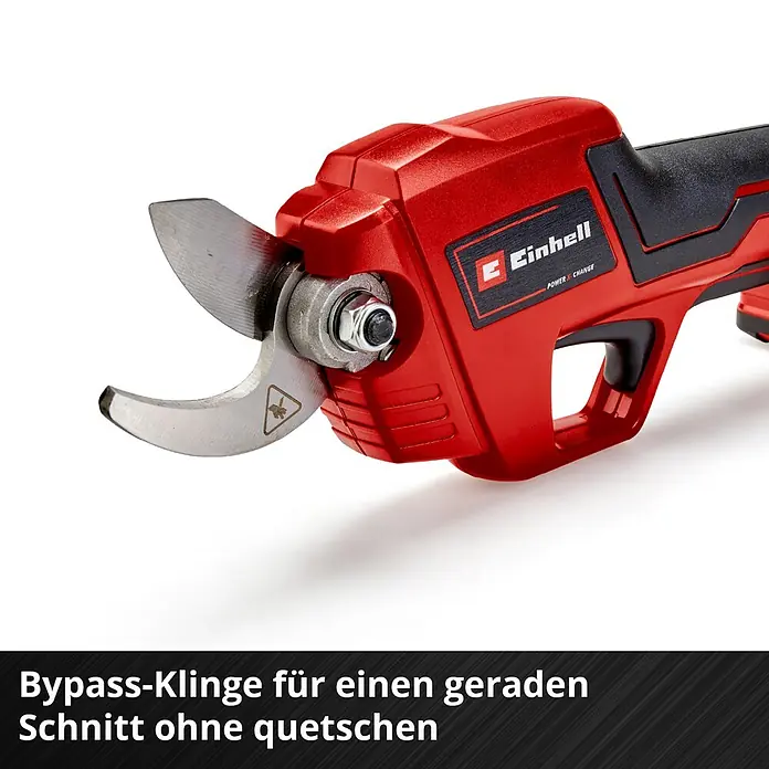 Einhell Power X-Change 18V Akku-Strauchschere GE-LS18 LI-SOLO - 18 V, Ohne Akku, Max. Aststärke: 28 mm - Nahaufnahme der Akku-Astschere mit Bypass-Klinge für einen geraden Schnitt ohne Quetschen.