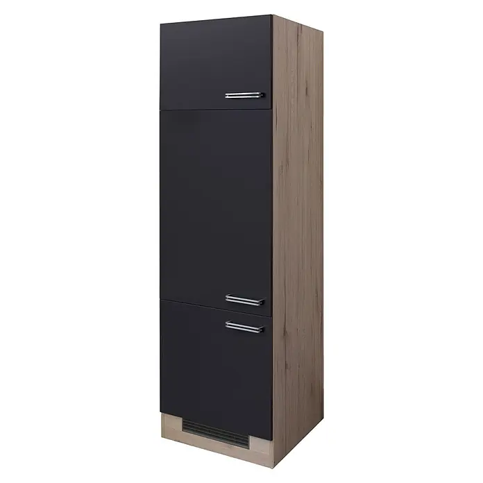Flex-Well Turin Geräteumbauschrank - 57 x 60 x 200 cm, Anthrazit Miniperl, 1 Nische für integrierten Kühlschrank - Aufnahme eines modernen Hochschranks mit drei Schubladen in Schwarz und Holzoptik.