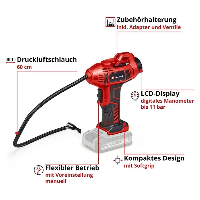 Einhell Power X-Change 18V Akku-Kompressor CE-CC 18 Li-Solo - 18 V, Ohne Akku, 11 bar - Eine rote Einhell Akku-Luftpumpe mit Zubehör und einem 60 cm langen Druckluftschlauch.