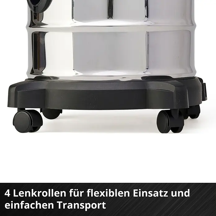 Einhell Power X-Change 18V Akku-Aschesauger TE-AV 18/15 LI-C Solo - 18 V, Li-Ionen, Ohne Akku - Nahaufnahme der schwarzen Rollen eines Staubsaugers aus Edelstahl. Die Rollen ermöglichen einen einfachen und flexiblen Einsatz.