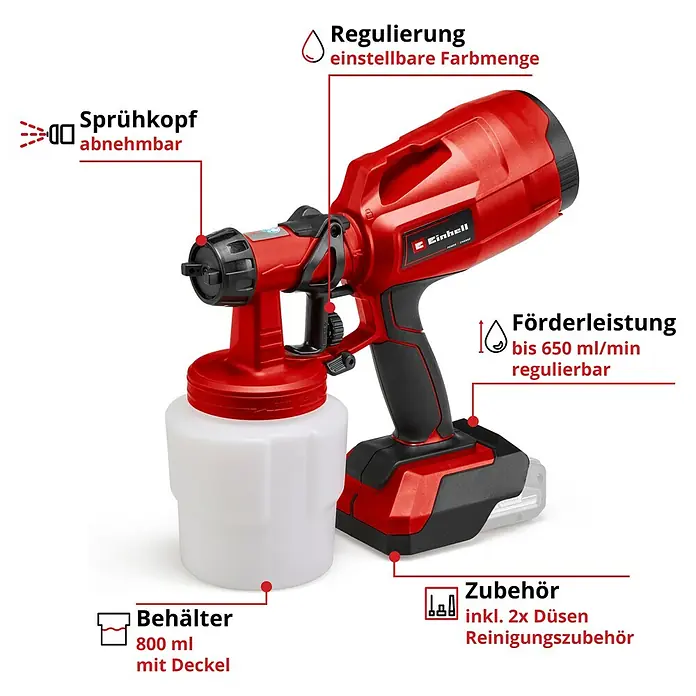Einhell Power X-Change 18V Akku-Farbsprühsystem TC-SY 18/60 Li-Solo - 18 V, Ohne Akku - Abbildung einer roten Einhell Akku-Farbspritzpistole mit abnehmbarem Sprühkopf, einstellbarer Farbmenge und einem 800-ml-Behälter.