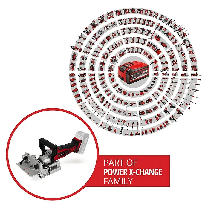 Einhell Power X-Change 18V Akku-Flachdübelfräse TE-BJ 18 Li - Solo - 18 V, Ohne Akku, Leerlaufdrehzahl: 6.500 U/min - Das Bild zeigt eine Einhell Akku-Nutfräse, Teil der Power X-Change Familie, umgeben von einer Vielzahl anderer Werkzeuge.