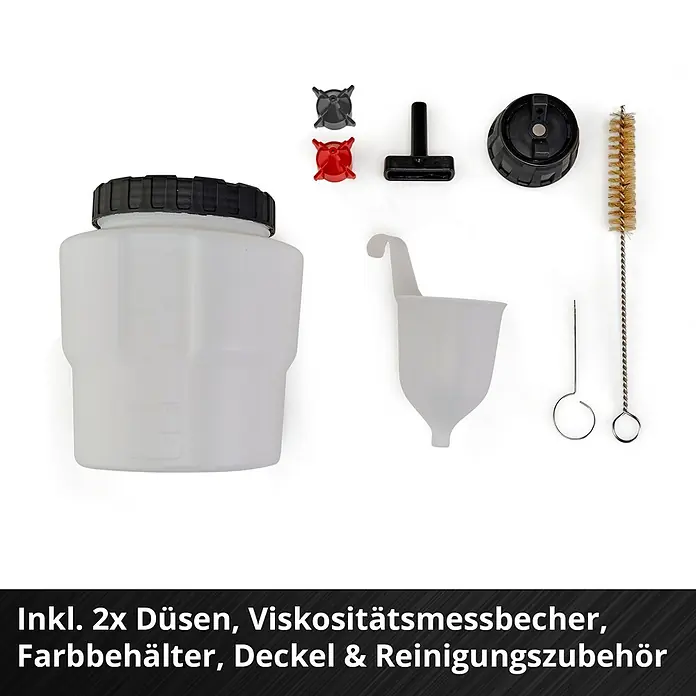 Einhell Power X-Change 18V Akku-Farbsprühsystem TC-SY 18/60 Li-Solo - 18 V, Ohne Akku - Spritzpistolen-Zubehörset mit Düsen, Viskositätsmessbecher, Farbbehälter, Deckel und Reinigungszubehör für Farbspritzarbeiten.
