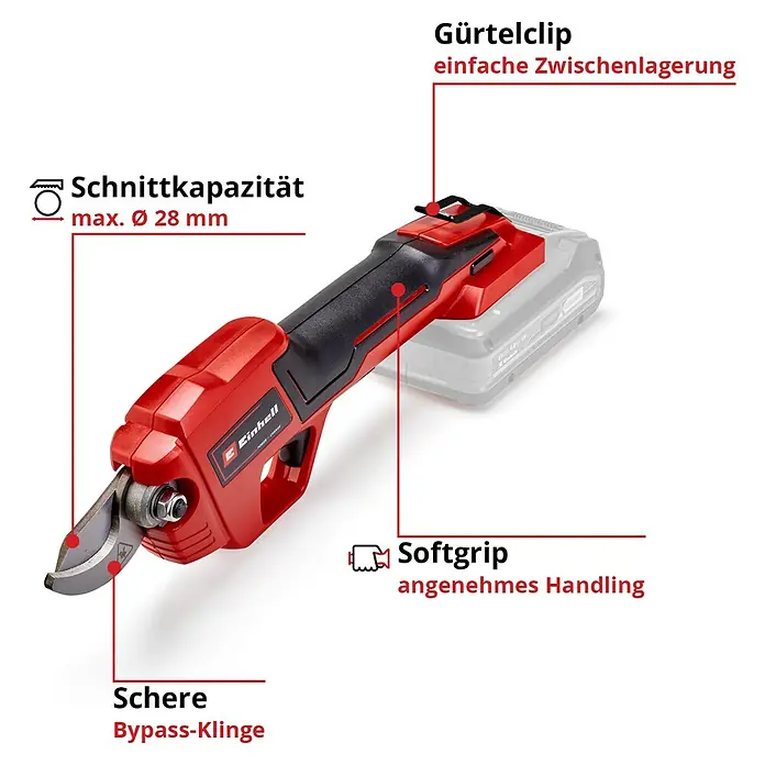 Einhell Power X-Change 18V Akku-Strauchschere GE-LS18 LI-SOLO - 18 V, Ohne Akku, Max. Aststärke: 28 mm - Bild einer roten Einhell Akku-Gartenschere mit Softgriff, Gürtelclip und einer max. Schnittkapazität von Ø 28 mm.