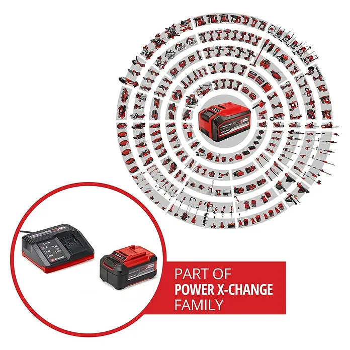 Einhell Professional Akku & Ladegerät PXC-Starter-Kit - 18 V, 1 Akku, 5,2 Ah - Darstellung des Power X-Change Akkusystems, inklusive Akku, Ladegerät und einer Übersicht kompatibler Geräte.