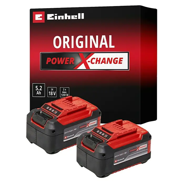 Einhell Power X-Change 18V Akku-Set PXC Plus Twinpack - 18 V, 5,2 Ah, 2 Akkus - Ein Set aus zwei Einhell Power X-Change 5.2Ah 18V Akkus, verpackt in einer Originalverpackung. Ideal für kabellose Werkzeuge und Gartengeräte.