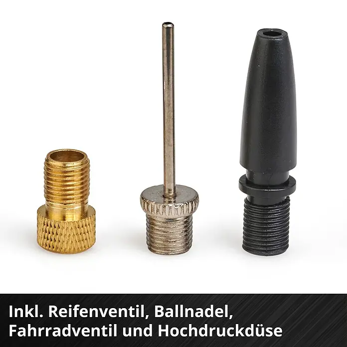 Einhell Power X-Change 18V Akku-Kompressor CE-CC 18 Li-Solo - 18 V, Ohne Akku, 11 bar - Abgebildet sind Reifenventil, Ballnadel, Fahrradventil und Hochdruckdüse. Praktisches Zubehör für Luftpumpen.