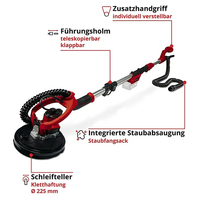 Einhell Professional Power X-Change 18V Akku-Wand- & Deckenschleifer TP-DW 18/225 Li - Solo - 18 V, Ohne Akku, Durchmesser Schleifscheibe: 225 mm - Bild eines Einhell Trockenbauschleifers mit Teleskopstiel, Zusatzhandgriff und integrierter Staubabsaugung.