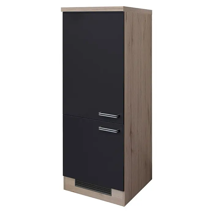 Flex-Well Turin Geräteumbauschrank - 60 x 60 x 162 cm, Anthrazit Miniperl, 1 Nische für integrierten Kühlschrank - Hier ist ein Schrank mit schwarzen Türen und Griffen. Der Schrank hat eine hölzerne Außenseite und ein stilvolles, modernes Aussehen.