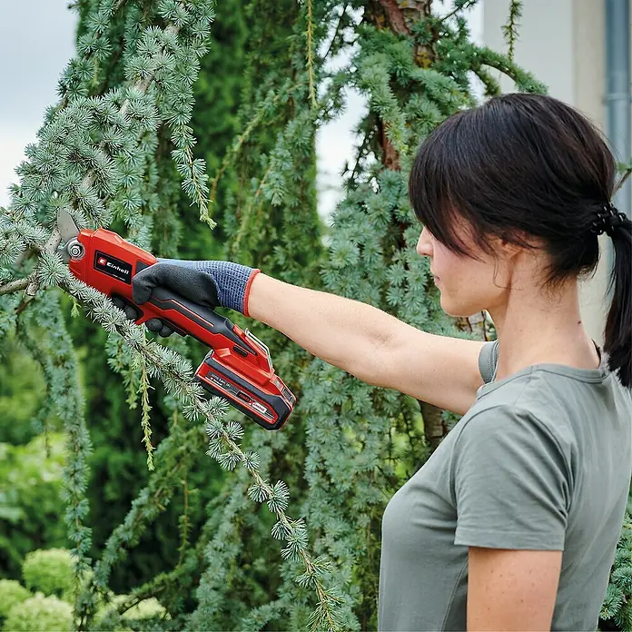 Einhell Power X-Change 18V Akku-Strauchschere GE-LS18 LI-SOLO - 18 V, Ohne Akku, Max. Aststärke: 28 mm - Eine Frau, die eine Einhell Akku-Astschere benutzt, um Äste an einem Baum zu schneiden.