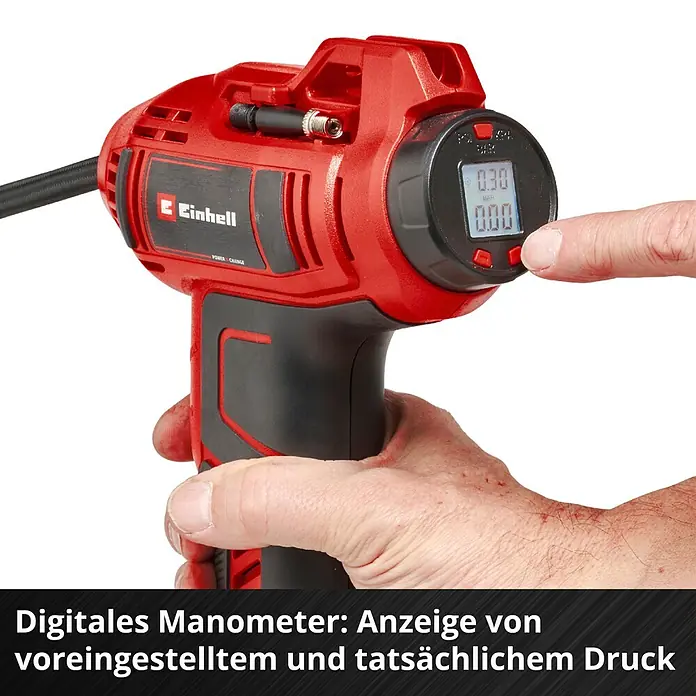 Einhell Power X-Change 18V Akku-Kompressor CE-CC 18 Li-Solo - 18 V, Ohne Akku, 11 bar - Abbildung einer roten Einhell Akku-Luftpumpe mit digitalem Manometer zur Anzeige des voreingestellten und tatsächlichen Drucks.