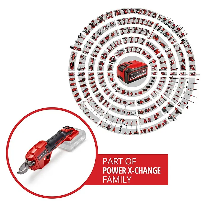 Einhell Power X-Change 18V Akku-Strauchschere GE-LS18 LI-SOLO - 18 V, Ohne Akku, Max. Aststärke: 28 mm - Abbildung einer Einhell Akku-Gartenschere, die Teil der Power X-Change Familie ist, zusammen mit einer Produktübersicht.