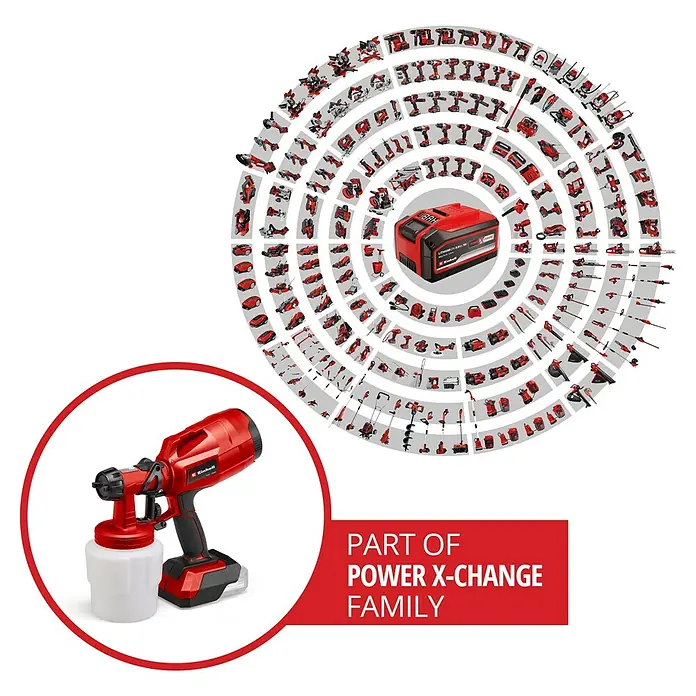 Einhell Power X-Change 18V Akku-Farbsprühsystem TC-SY 18/60 Li-Solo - 18 V, Ohne Akku - Abbildung einer Einhell Akku-Farbsprühpistole, Teil der Power X-Change Familie, umgeben von anderen Werkzeugen.