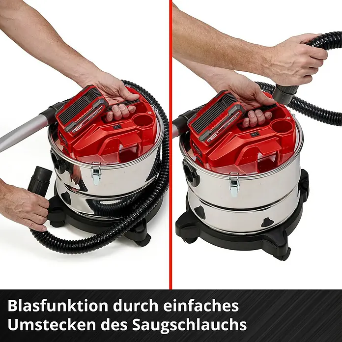 Einhell Power X-Change 18V Akku-Aschesauger TE-AV 18/15 LI-C Solo - 18 V, Li-Ionen, Ohne Akku - Illustration eines Einhell Akku-Nass-Trockensaugers, der die einfache Umsteckfunktion des Schlauchs für die Blasfunktion zeigt.