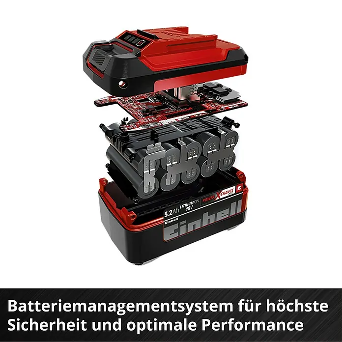 Einhell Power X-Change 18V Akku-Set PXC Plus Twinpack - 18 V, 5,2 Ah, 2 Akkus - Explodierte Ansicht eines Einhell Power X-Change Akkus, der interne Komponenten wie Batterien und Leiterplatten zeigt.