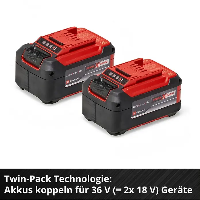 Einhell Power X-Change 18V Akku-Set PXC Plus Twinpack - 18 V, 5,2 Ah, 2 Akkus - Zwei rote und schwarze Einhell Power X-Change 18V 5.2Ah Akkus, die für 36V Geräte gekoppelt werden können.