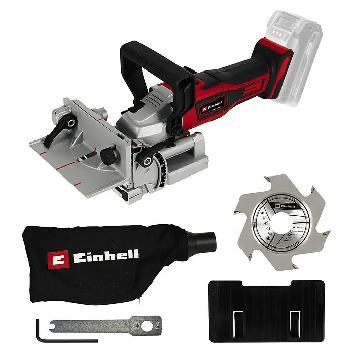 Einhell Power X-Change 18V Akku-Flachdübelfräse TE-BJ 18 Li - Solo - 18 V, Ohne Akku, Leerlaufdrehzahl: 6.500 U/min - Einhell Akku-Nutfräse: Präzises Werkzeug für Holzbearbeitung mit Staubfangsack, Frässcheibe, Schlüssel und Zusatzfuß für vielfältige Projekte.