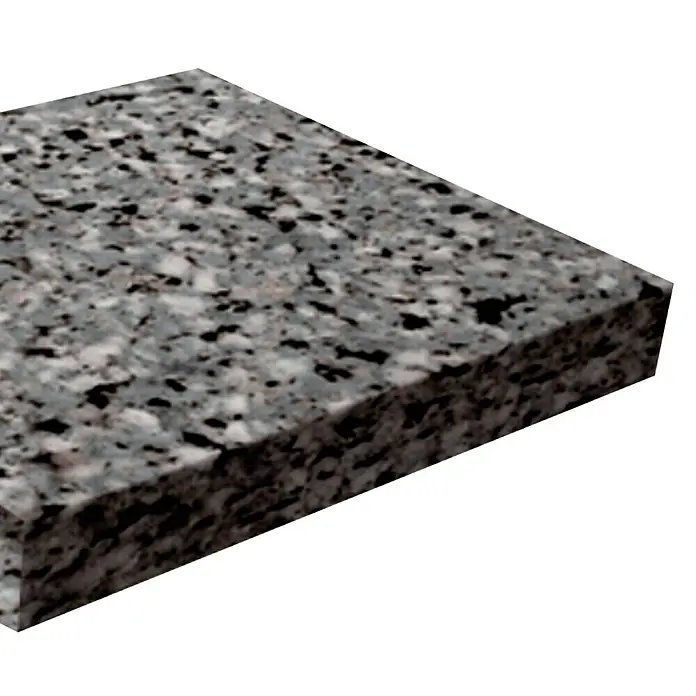 Copopren Placa aislante multiuso CA + 80 - L x An x Al: 1,2 m x 60 cm x 4 cm - Detalle de una losa de granito pulida con un patrón irregular en tonos grises, negros y blancos. Ideal para encimeras de cocina o pavimentos.