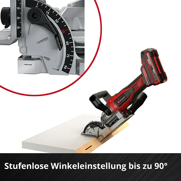 Einhell Power X-Change 18V Akku-Flachdübelfräse TE-BJ 18 Li - Solo - 18 V, Ohne Akku, Leerlaufdrehzahl: 6.500 U/min - Bild einer Einhell Akku-Nutfräse mit stufenloser Winkeleinstellung bis 90 Grad für präzise Holzarbeiten.