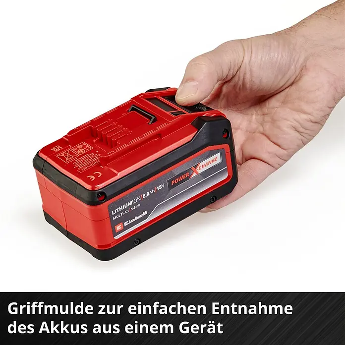 Einhell Power X-Change 18V Akku Multi-Ah PXC Plus - 18 V, 5 Ah - 8 Ah - Nahaufnahme eines roten Einhell Power X-Change Akkus mit 8.0Ah, der von einer Hand gehalten wird.