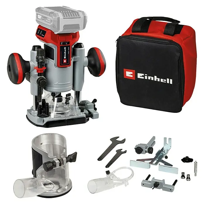 Einhell Professional Power X-Change 18V Akku-Kombifräse TP-RO 18 Set Li BL - Solo - 18 V, Ohne Akku, 40 mm - Bild eines Akku-Oberfräsen-Sets von Einhell, bestehend aus Fräse, Tasche und Zubehörteilen. Das Gerät ist in Rot, Grau und Schwarz gehalten.
