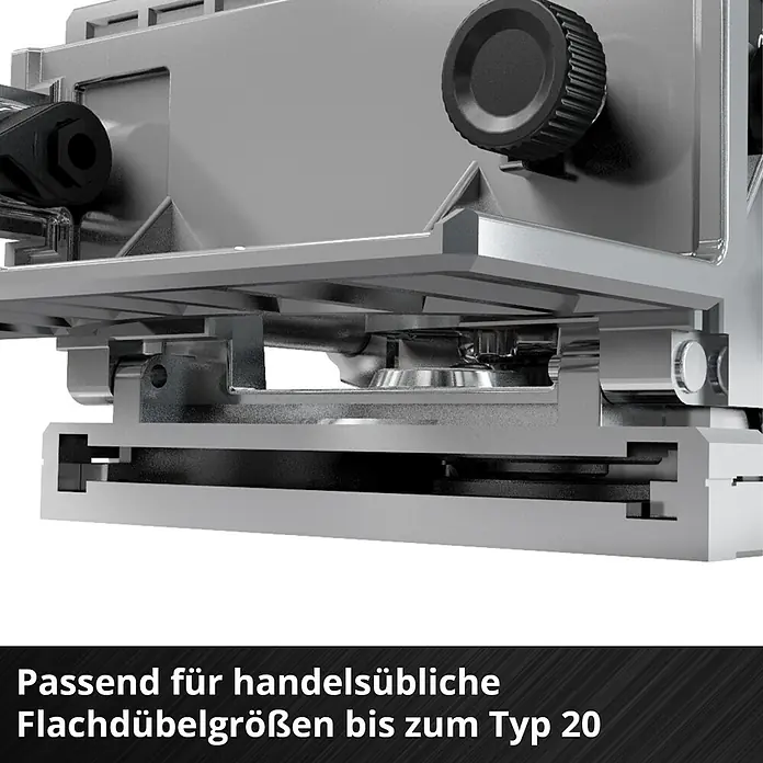 Einhell Power X-Change 18V Akku-Flachdübelfräse TE-BJ 18 Li - Solo - 18 V, Ohne Akku, Leerlaufdrehzahl: 6.500 U/min - Bild einer Lamellofräse, geeignet für handelsübliche Flachdübel bis Typ 20. Die Fräse ist präzise und robust.