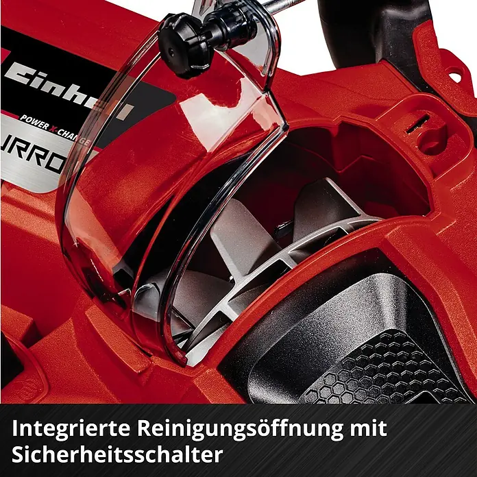Einhell Professional Akku-Laubsauger & -Laubbläser VENTURRO 36/240 - 18 V, Ohne Akku, Blasgeschwindigkeit: 240 km/h - Abgebildet ist eine integrierte Reinigungsöffnung mit Sicherheitsschalter eines Gerätes von Einhell.
