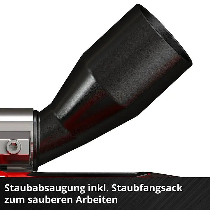 Einhell Power X-Change 18V Akku-Flachdübelfräse TE-BJ 18 Li - Solo - 18 V, Ohne Akku, Leerlaufdrehzahl: 6.500 U/min - Nahaufnahme einer Staubabsaugung mit Staubsack, die für sauberes Arbeiten sorgt. Ideal für Werkstätten und DIY-Projekte.