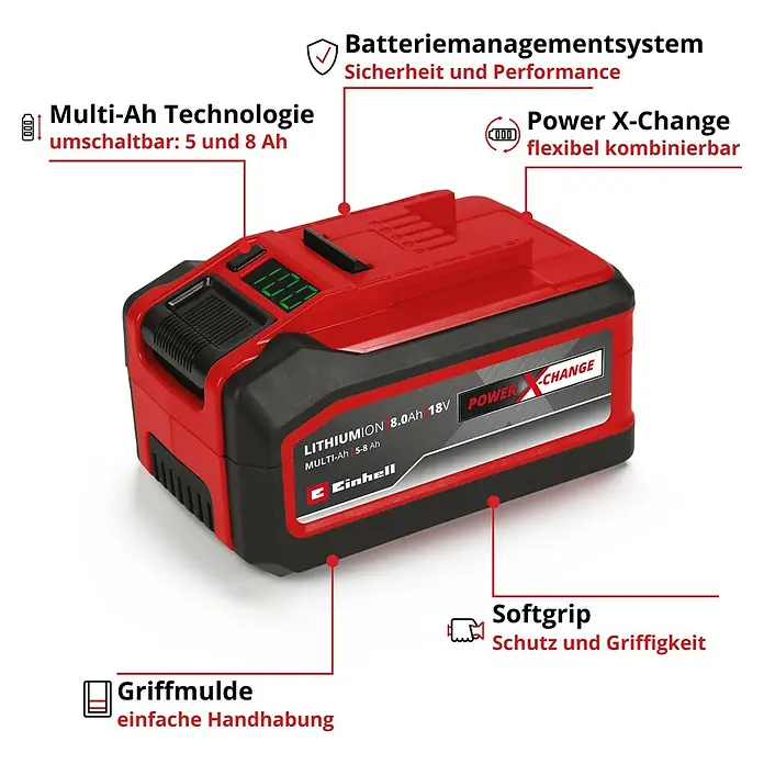 Einhell Power X-Change 18V Akku Multi-Ah PXC Plus - 18 V, 5 Ah - 8 Ah - Einhell Power X-Change Akku mit Multi-Ah-Technologie, umschaltbar zwischen 5 und 8 Ah für flexible Nutzung und optimierte Leistung.