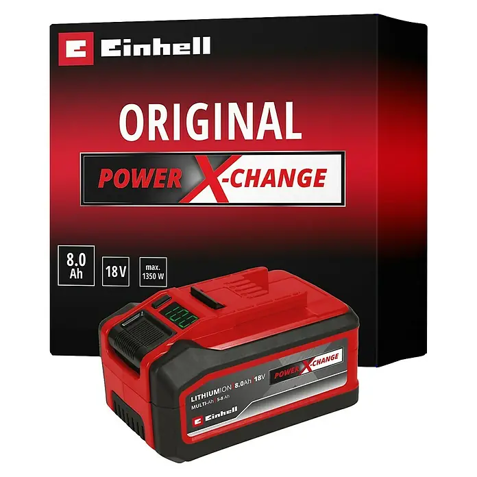Einhell Power X-Change 18V Akku Multi-Ah PXC Plus - 18 V, 5 Ah - 8 Ah - Abbildung einer Einhell Power X-Change Batterie mit 8,0 Ah und 18 V, die für ihre Originalität und Leistung beworben wird.