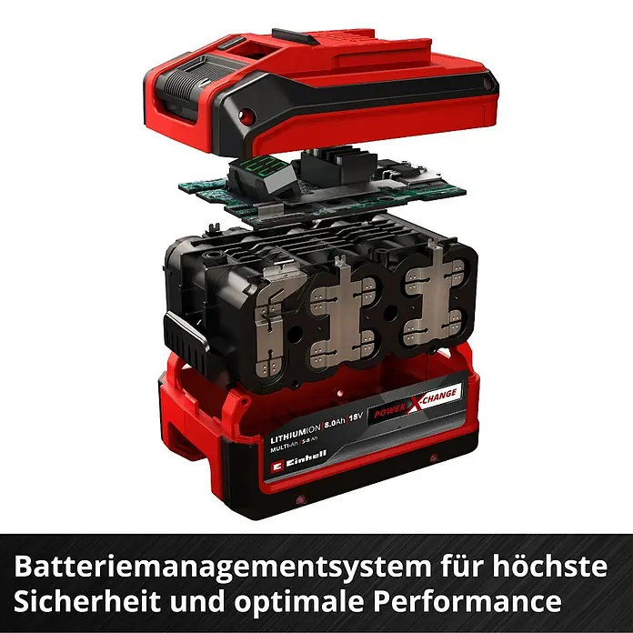 Einhell Power X-Change 18V Akku Multi-Ah PXC Plus - 18 V, 5 Ah - 8 Ah - Detailansicht eines Einhell Power X-Change 18V 8.0Ah Akkus im geöffneten Zustand.