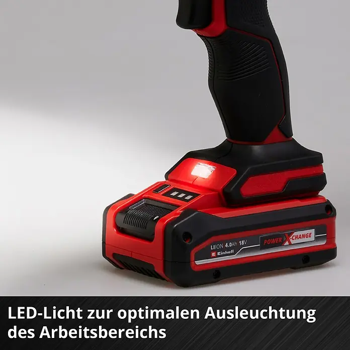 Einhell Power X-Change 18V Akku-Kartuschenpresse TE-SG 18/10 Li-Solo - 18 V, Ohne Akku - Akku-Bohrschrauber mit rotem und schwarzem Design, ausgestattet mit einem 4.0Ah 18V Li-Ionen-Akku und LED-Licht für optimale Ausleuchtung.