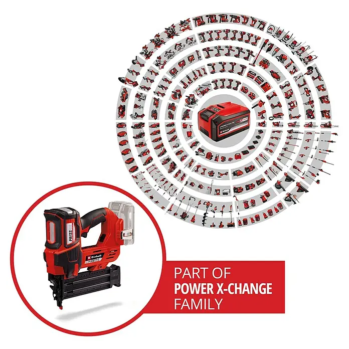 Einhell Professional PXC 18V Akku-Nagler Fixetto 18/50 N - 18 V, Ohne Akku, Länge Nagel: 15 mm - 50 mm - Abbildung einer roten Einhell Akku-Nagelpistole PXE 18/64 mit rundum angeordneten Akku-Werkzeugen. Teil der Power X-Change Familie.