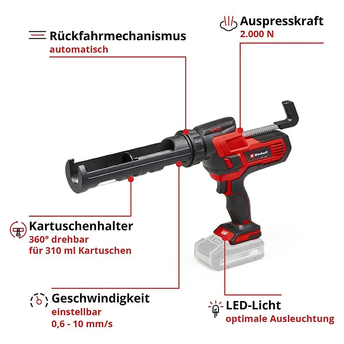 Einhell Power X-Change 18V Akku-Kartuschenpresse TE-SG 18/10 Li-Solo - 18 V, Ohne Akku - Abbildung einer Akku-betriebenen Kartuschenpistole von Einhell mit Details wie Auspresskraft und Geschwindigkeit hervorgehoben.