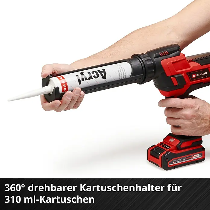 Einhell Power X-Change 18V Akku-Kartuschenpresse TE-SG 18/10 Li-Solo - 18 V, Ohne Akku - Akku-Kartuschenpistole von Einhell mit drehbarem Kartuschenhalter für 310 ml Kartuschen und Acrylkartusche im Einsatz.