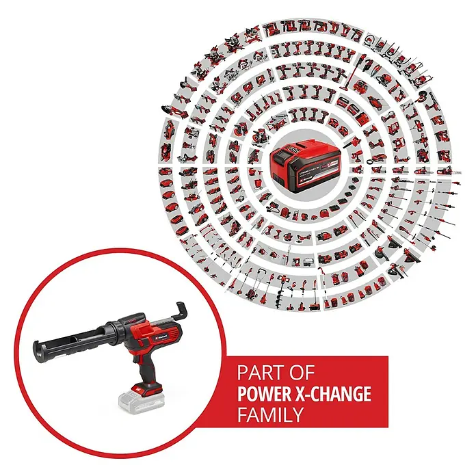 Einhell Power X-Change 18V Akku-Kartuschenpresse TE-SG 18/10 Li-Solo - 18 V, Ohne Akku - Abbildung eines Einhell Power X-Change Akku-betriebenen Kartuschenpistole, Teil der Power X-Change Familie.