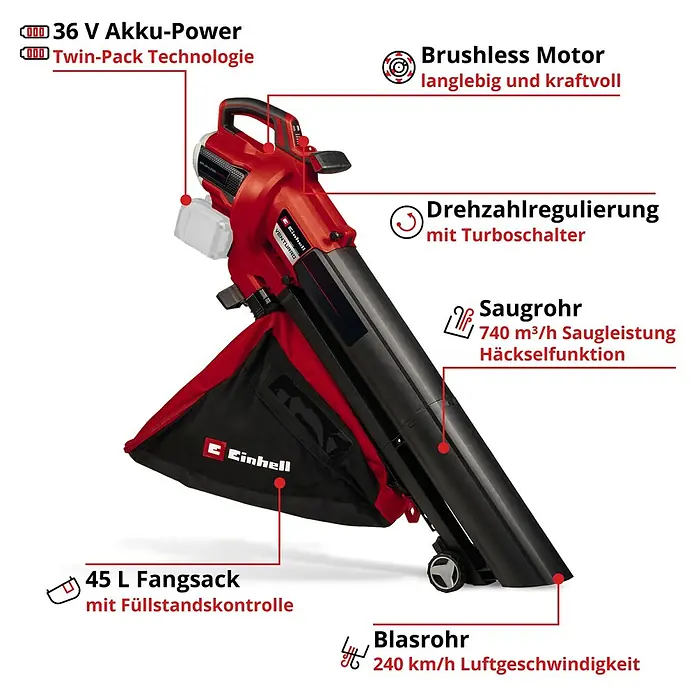 Einhell Professional Akku-Laubsauger & -Laubbläser VENTURRO 36/240 - 18 V, Ohne Akku, Blasgeschwindigkeit: 240 km/h - Abbildung eines Akku-Laubsaugers/Bläsers von Einhell mit roter Farbe und schwarzem Fangsack, der auf einem schwarzen Hintergrund steht.