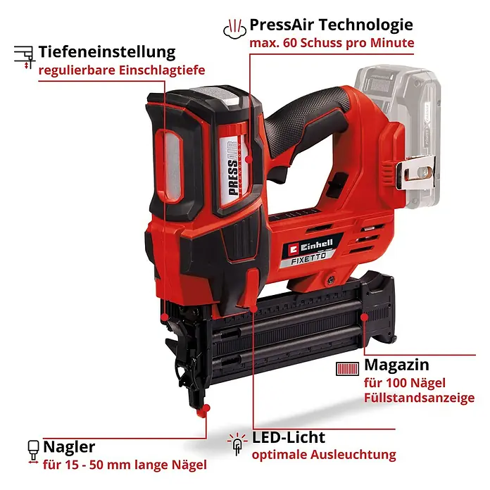 Einhell Professional PXC 18V Akku-Nagler Fixetto 18/50 N - 18 V, Ohne Akku, Länge Nagel: 15 mm - 50 mm - Akku-Nagler Einhell Fixetto mit PressAir Technologie, Tiefeneinstellung, LED-Licht, Magazin für 100 Nägel und geeignet für 15-50 mm lange Nägel.
