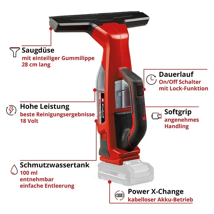 Einhell Power X-Change 18V Akku-Fenstersauger BRILLIANTO18 V, Ohne Akku, Behältervolumen: 0,1 l