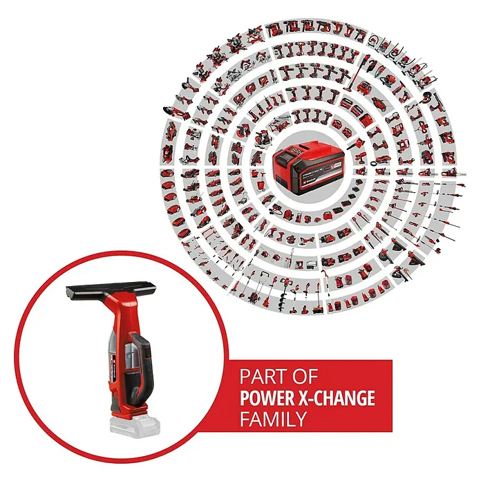 Einhell Power X-Change 18V Akku-Fenstersauger BRILLIANTO - 18 V, Ohne Akku, Behältervolumen: 0,1 l - Abbildung des Einhell Akku-Fenstersaugers, Teil der Power X-Change Familie, für eine streifenfreie Reinigung.