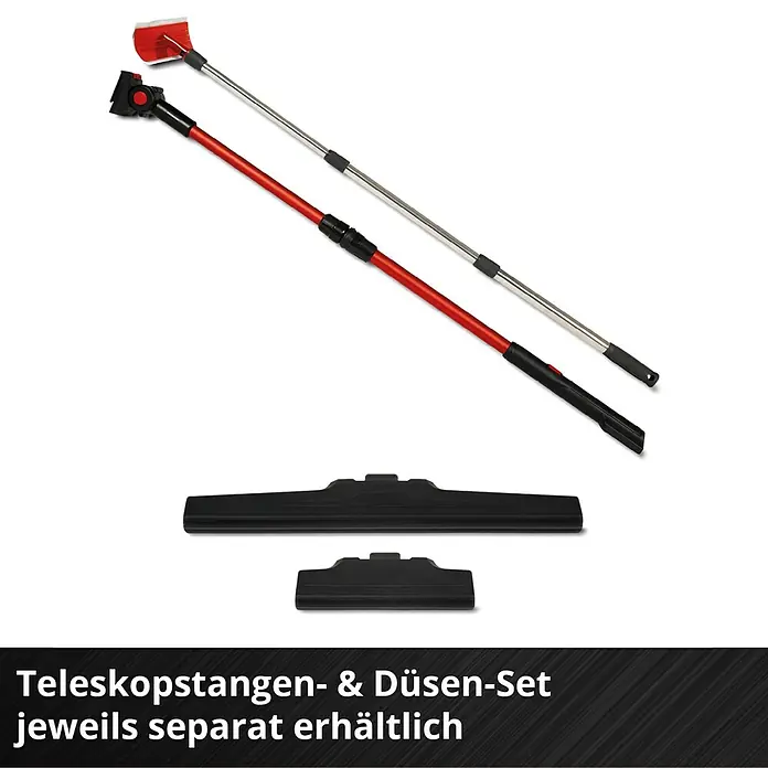 Einhell Power X-Change 18V Akku-Fenstersauger BRILLIANTO - 18 V, Ohne Akku, Behältervolumen: 0,1 l - Teleskopstangen- & Düsen-Set. Die Teleskopstangen sind rot und silber. Die Düsen sind in verschiedenen Größen erhältlich.