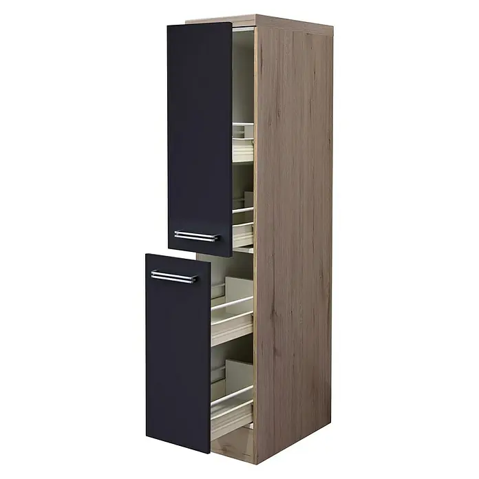 Flex-Well Turin Apotheker-Hochschrank - 57 x 60 x 162 cm, Anthrazit Miniperl - Küchenschrank mit Auszügen in dunklem Anthrazit und Holzoptik, ideal zur Aufbewahrung von Küchenutensilien.