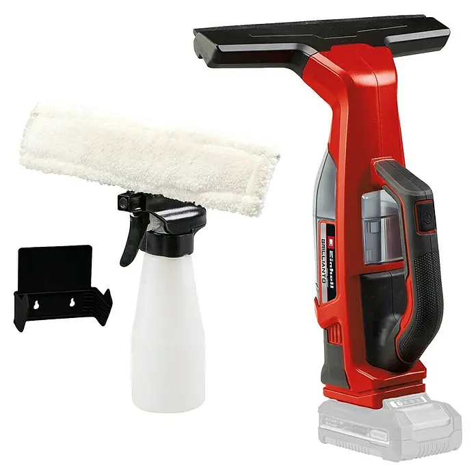 Einhell Power X-Change 18V Akku-Fenstersauger BRILLIANTO - 18 V, Ohne Akku, Behältervolumen: 0,1 l - Abbildung eines Einhell Akku-Fenstersaugers mit Sprühflasche und Mikrofaserwischer für streifenfreie Fensterreinigung.