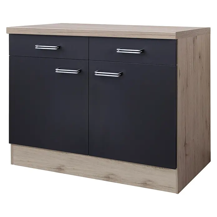 Flex-Well Turin Küchen-Unterschrank - 60 x 100 x 86 cm, Anthrazit Miniperl - Modernes Sideboard mit zwei Schubladen und zwei Türen in Schwarz und Holzoptik. Praktisches Möbelstück für Wohn- oder Esszimmer.