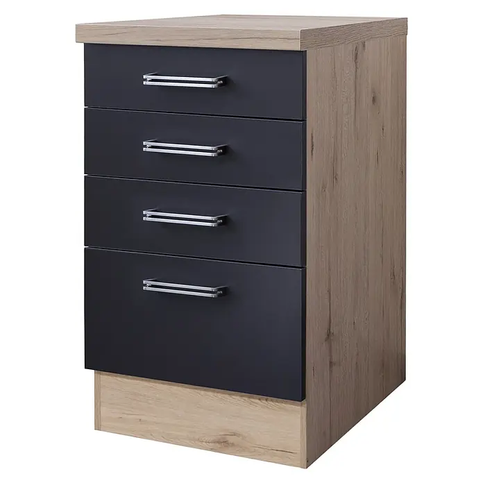 Flex-Well Turin Küchen-Unterschrank - 60 x 50 x 86 cm, Anthrazit Miniperl - Diese Aufnahme zeigt eine Kommode mit vier Schubladen und einem Holzimitatrahmen. Die Schubladen sind in einem dunklen Farbton gehalten.