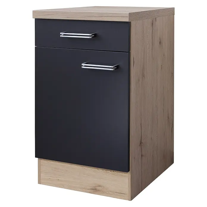 Flex-Well Turin Küchen-Unterschrank - 60 x 50 x 86 cm, Anthrazit Miniperl - Dieses Bild zeigt einen stilvollen, modernen Unterschrank mit Schublade und Schranktür in dunklem Anthrazit und Holzoptik.