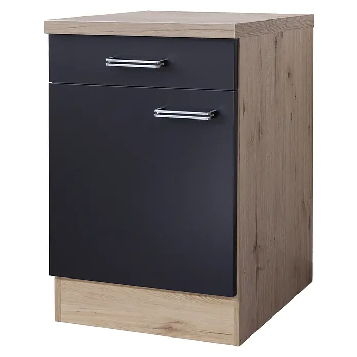 Flex-Well Turin Küchen-Unterschrank - 60 x 60 x 86 cm, Anthrazit Miniperl - Aufnahme eines modernen Unterschranks in Holzoptik mit einer Schublade und einer Schranktür mit silbernen Griffen.