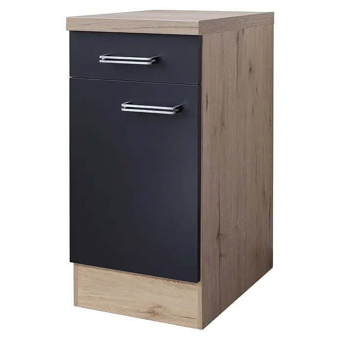 Flex-Well Turin Küchen-Unterschrank - 60 x 40 x 86 cm, Anthrazit Miniperl - Schrank mit Schublade und Tür in Schwarz und Holzoptik, inklusive silberfarbener Griffe.