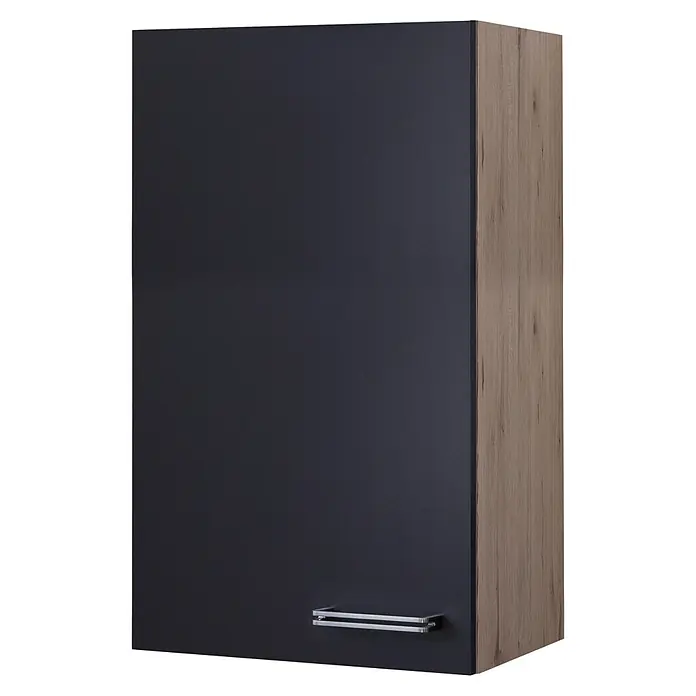 Flex-Well Turin Küchen-Hängeschrank - 32 x 50 x 89 cm, Anthrazit Miniperl - Elegantes Wandschrank-Design mit einer dunkelgrauen Tür und einer hellen Holzmaserung an der Seite für eine stilvolle Optik.